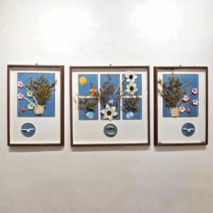 Navy Blue - Dry Flower Shadow Box Painting 3 Piece Set - 54 × 24 inches