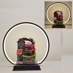 Hut Table Top Water Fountain With Crystal Ball and Rotating Wheel in Black Frame - 14 inches