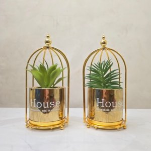 House of Asthetic Metal Bird Cage Ceramic Flower Pot (Electroplated)(Single)(Any Random Design) - 08 × 08 inches