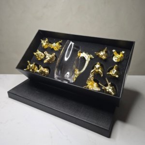 Feng Shui Animal Head Shots Glass Gift Set With Decanter (Alloy Head)(12+1 Pieces)(Golden) - 280ml and 30ml