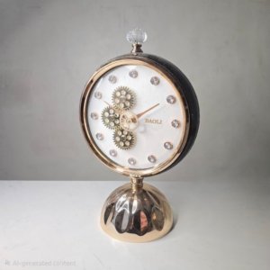 Baoli Table Clock With Revolving Gear and Mirror (Diamond Studded)(Black Gold) - 15 inches