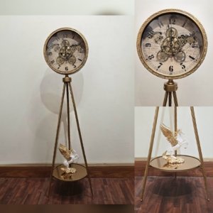 Premium Vintage Alloy Frame and Metal Body Tripod Clock With Revolving Gears and Decoration Shelf (Copper Gold) - 62 inches~5.2 Feet