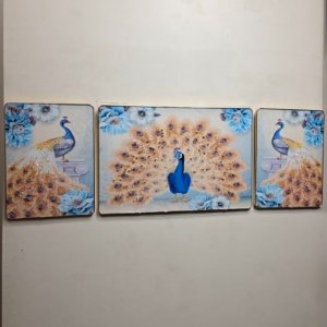 "Royal Blue Peacock" 3 Piece Crystal Painting Set - 48 × 16 inches (Small)