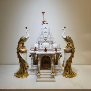 Pair of Feng Shui Standing Peacock on a Pillar (Golden White)(Small)(Electroplated) - 27 inches
