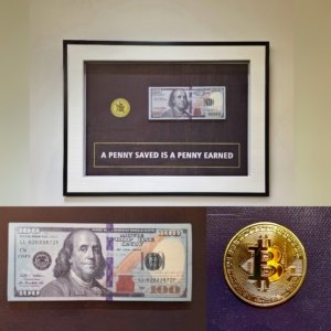 "A Penny Saved is a Penny Earned" Money 3D Model (With Actual Dollar and Bitcoin Bundle) Wall Decor Painting - 16 × 12 inches