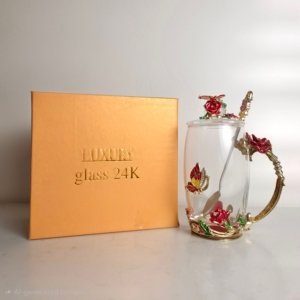 Luxury Glass 24k Handpainted Mug With Spoon and Lid (Alloy Head)(Shot)(Red & Multicoloured) - 250 ml